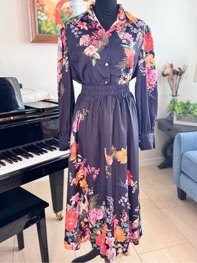 Black Floral Button-Front Midi Dress